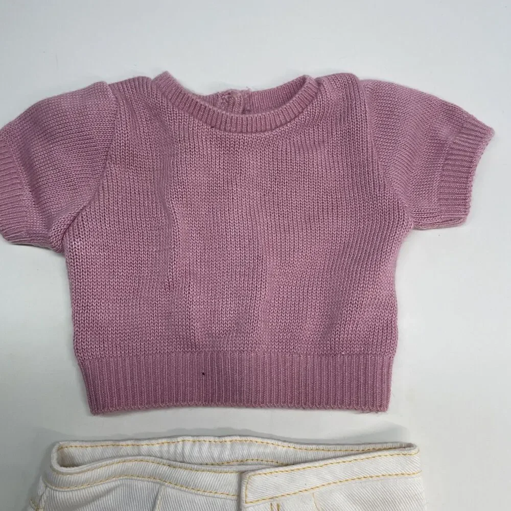 American Girl Doll Retired Pink Ribbed Short Sleeve Sweater & White Flared Jeans